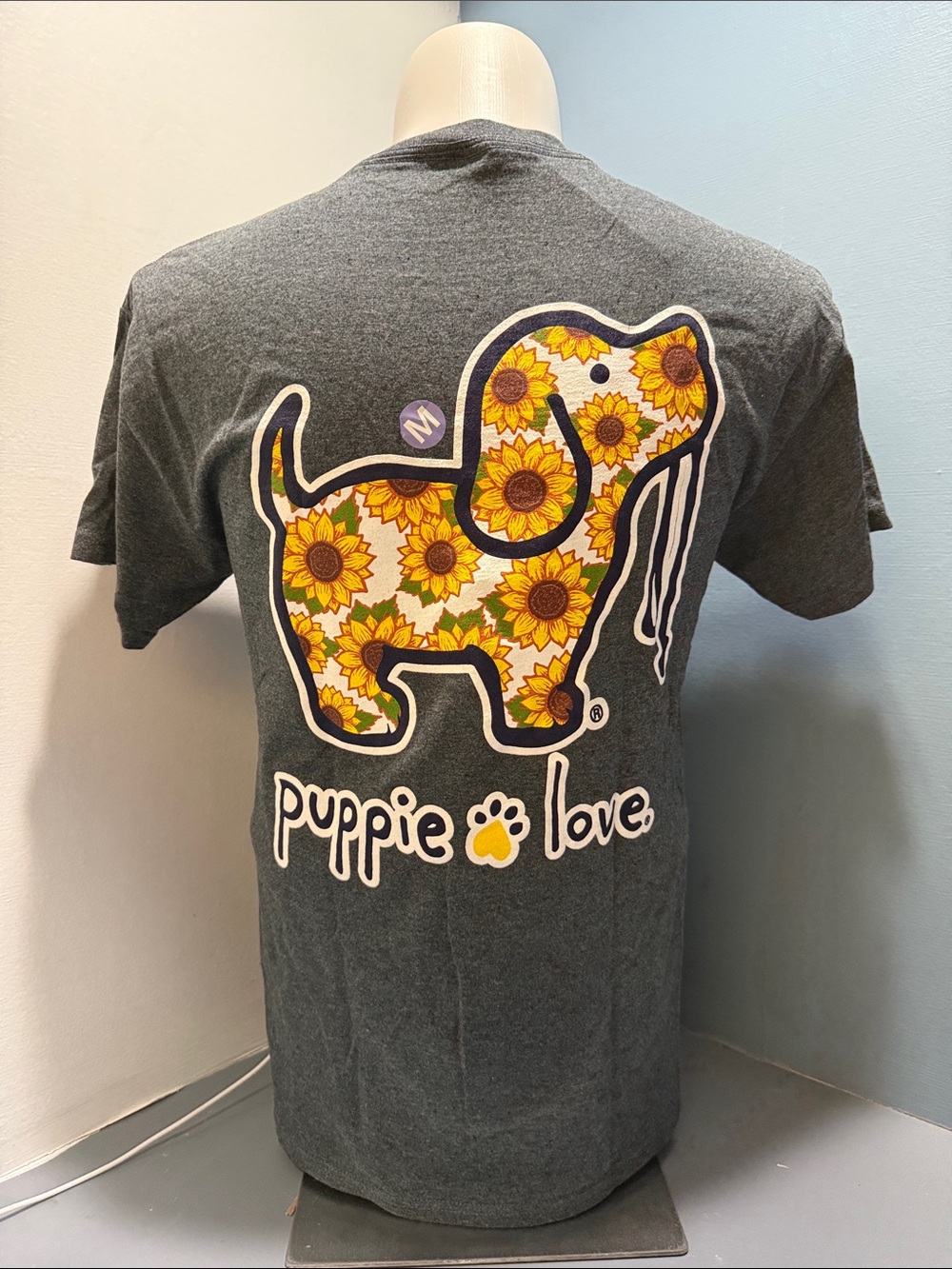 Puppie Love Women's Charcoal Tee with Sunflower Dog Graphic